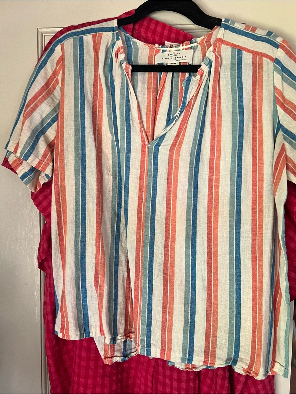 Women’s Striped Short Sleeve V-Neck Blouse - Blue, Coral & Cream